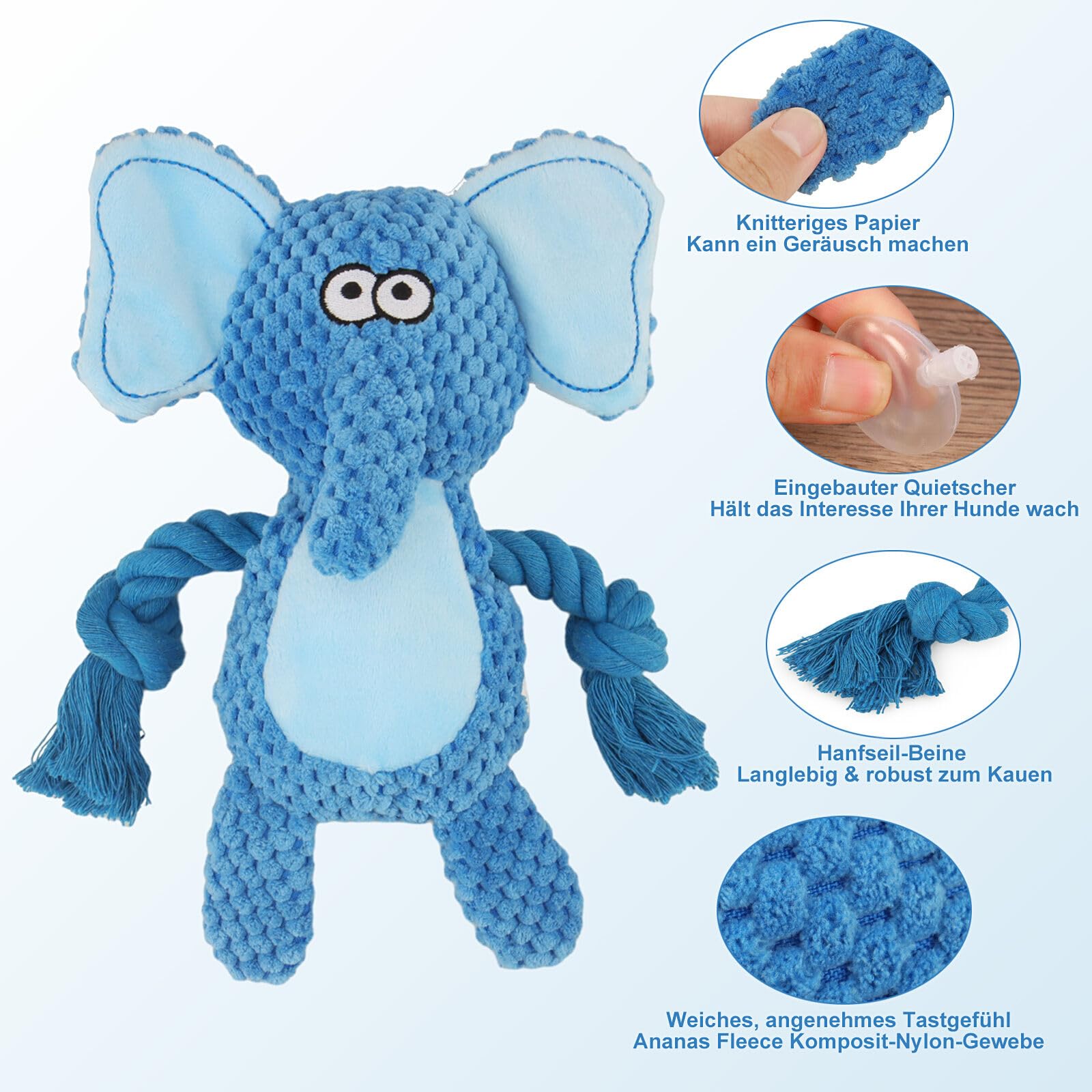 TONYFY blue elephant dog toy with crinkle paper adds extra excitement during chewing.