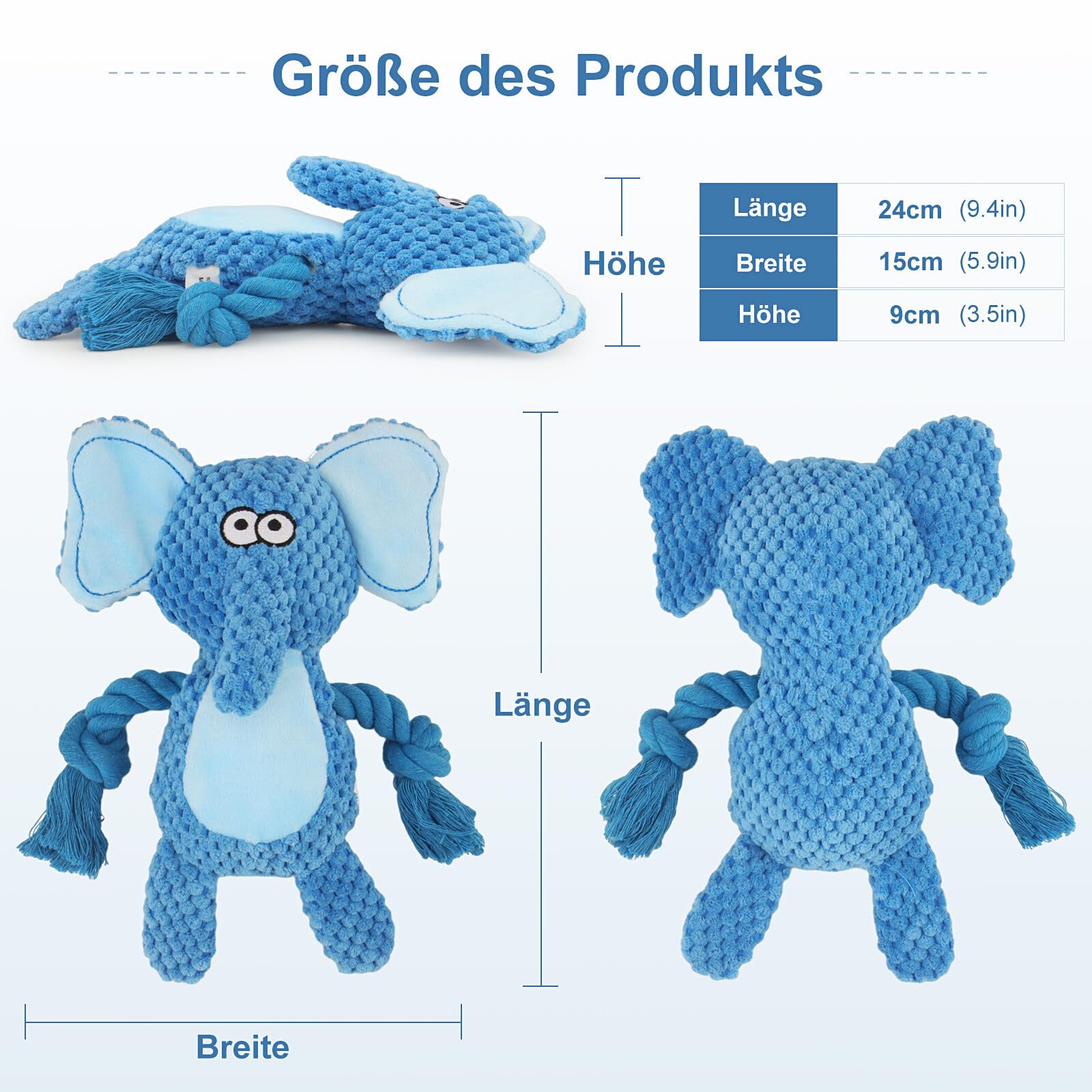 TONYFY plush interactive blue-elephant toy combines cuddle factor with rope for tugging.