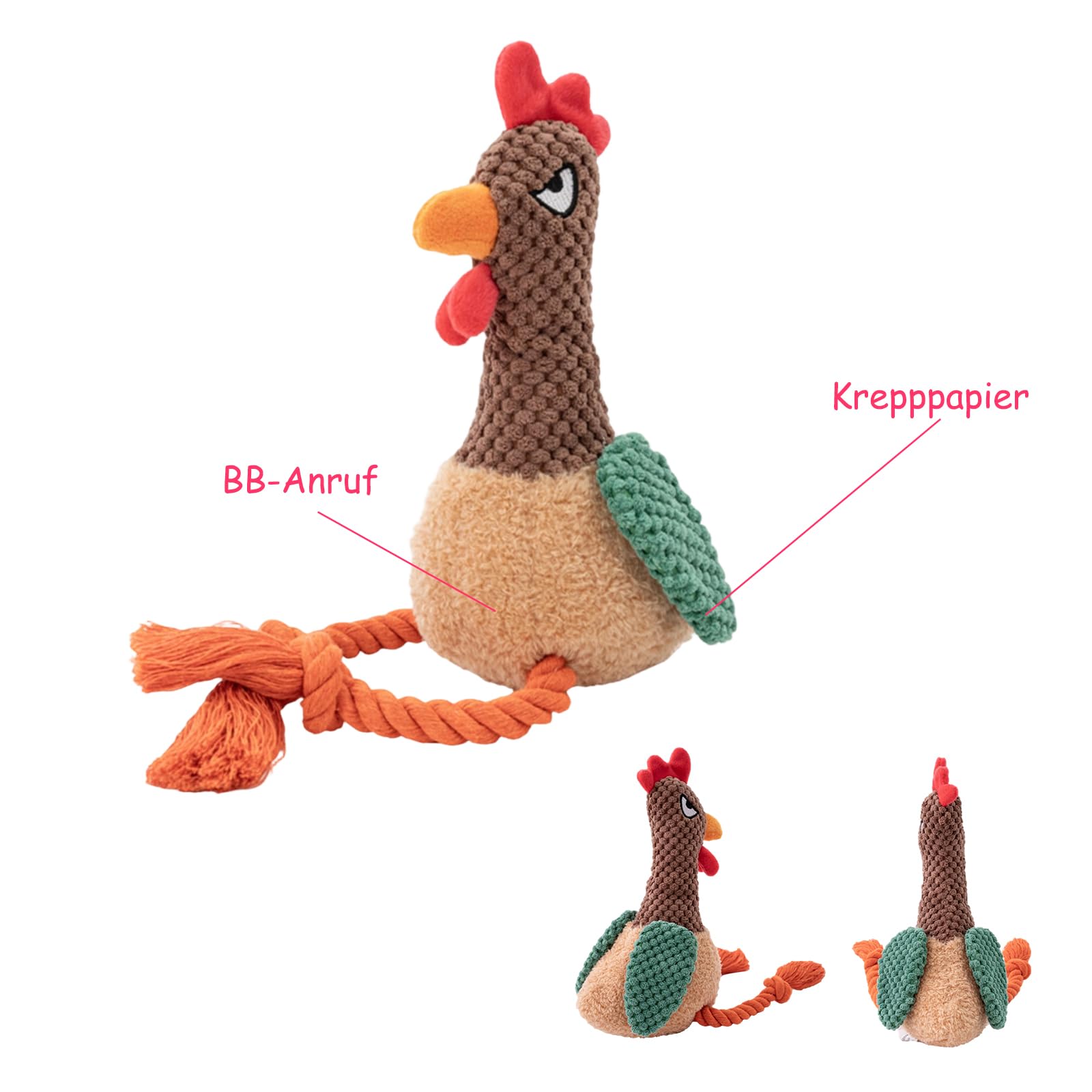TONYFY rooster knot squeaky toy crinkle-inside view highlights curiosity and extended attention