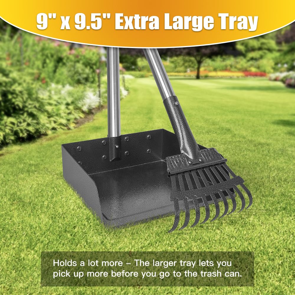 TOOGE larger pooper scooper extended handle reduces bending for comfortable cleanups.