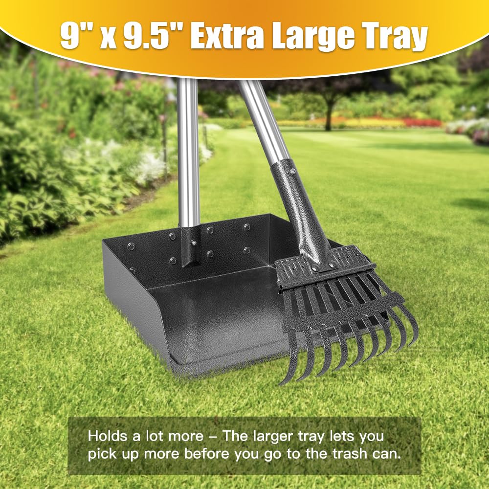 TOOGE Pooper Scooper long handle reduces bending for comfortable yard cleanup.