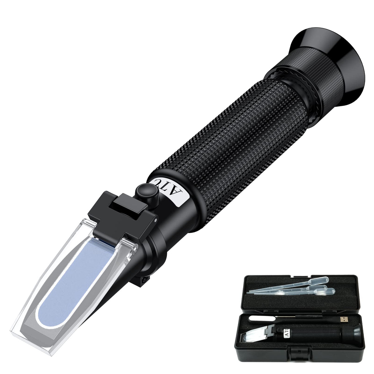 TOOGOND salinity refractometer in use measuring water for aquarium monitoring.