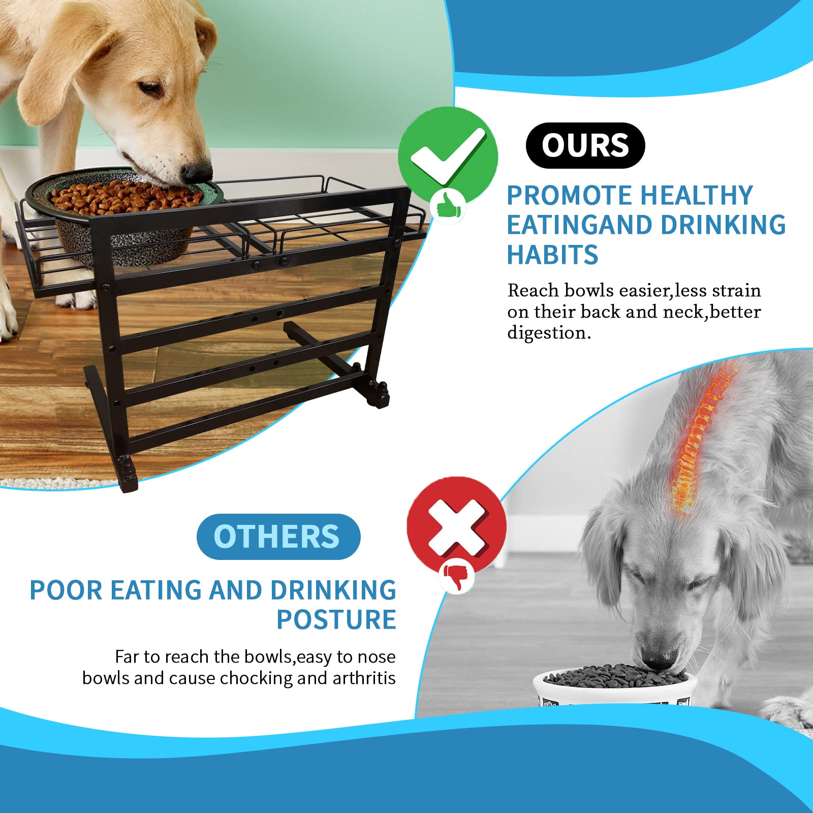 Tookincmo stable dog bowl stand demonstrates durable metal construction for daily use.
