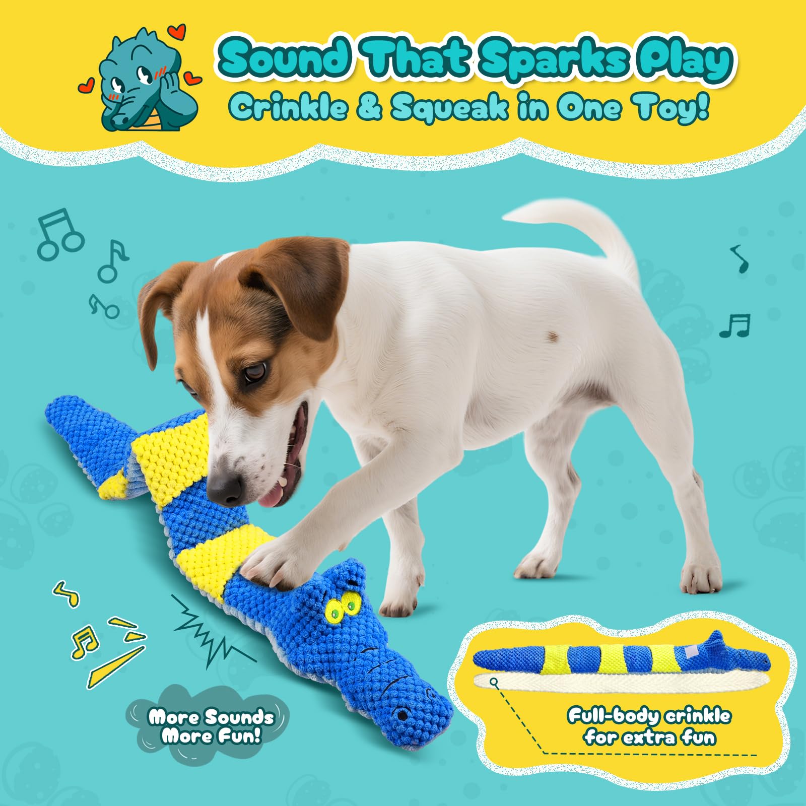 TOOPTATE multi-mode toy scene illustrating squeak, crinkle, fetch and carry