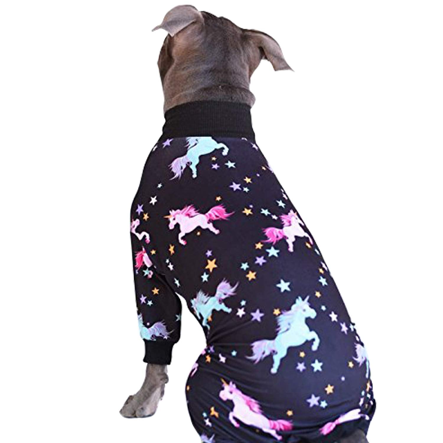 Tooth & Honey Pit Bull Unicorn Pajamas full view on dog for warm coverage.