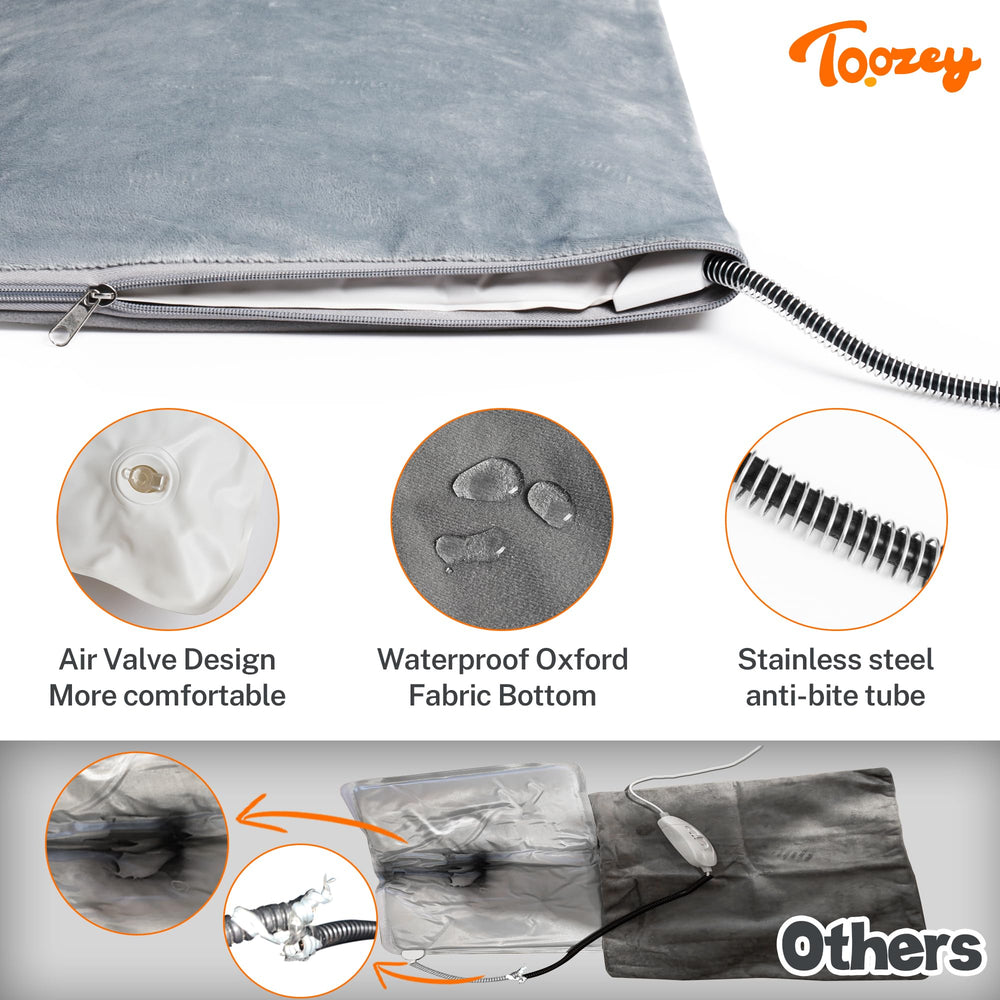 Toozey outdoor pet heating pad safety-overheat image underscores built-in protection features.