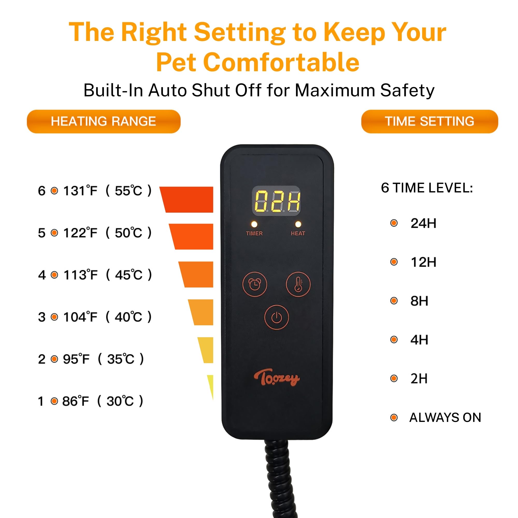 Toozey pet mat heat settings dial demonstrates six warmth options for comfort