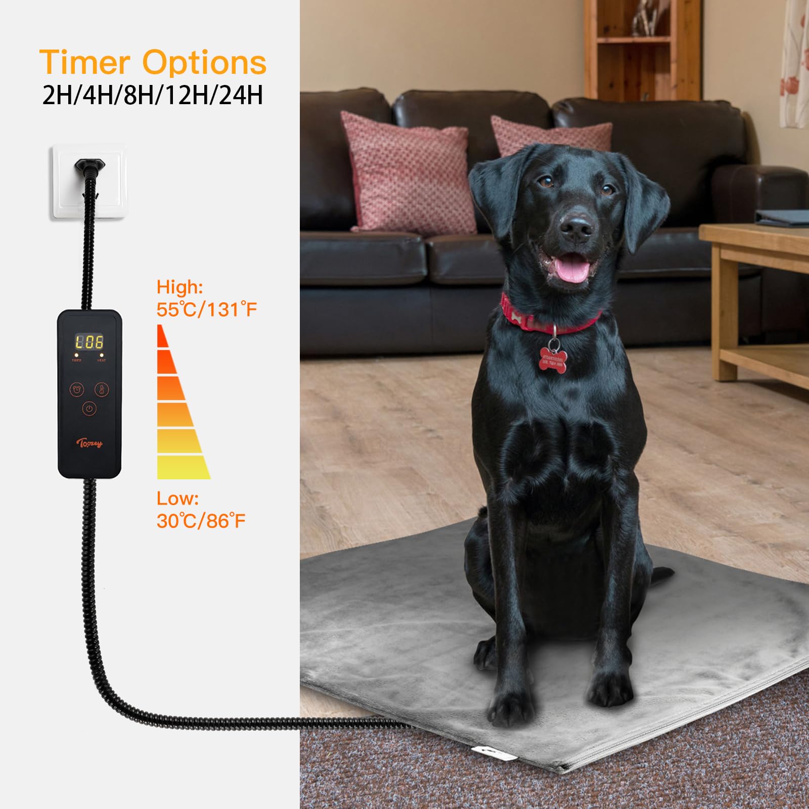 Toozey mat timer function graphic illustrating energy-saving auto shut-off