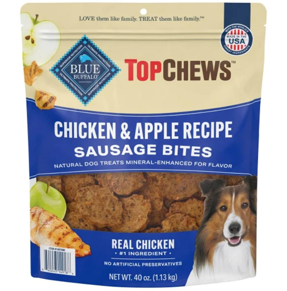 Top Chews Chicken and Apple Recipe packshot shows tasty, natural dog treats for healthy snacking.