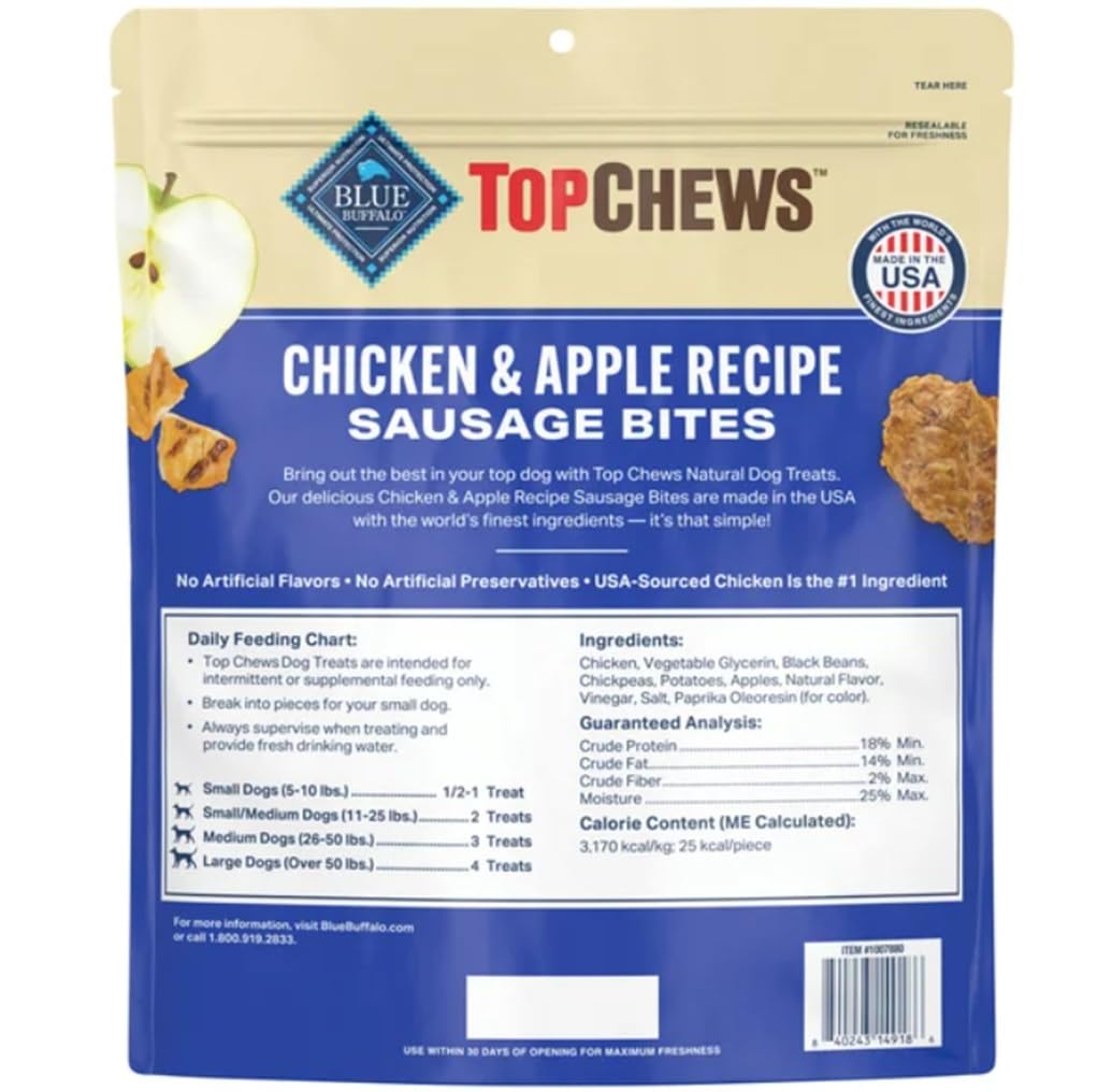 Top Chews Chicken and Apple Recipe serving image highlights moist, USA-made treats for retrievers.
