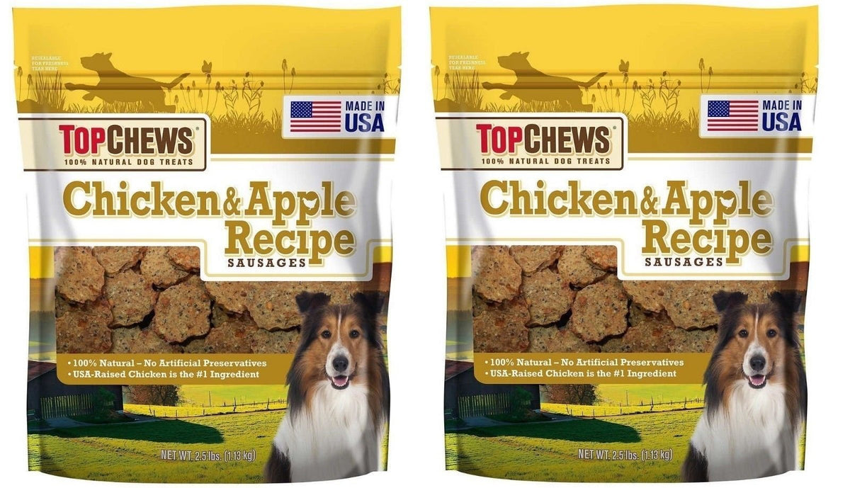 Top Chews Chicken & Apple Sausages 2Pack packaging showcases USA-raised chicken for daily rewards.