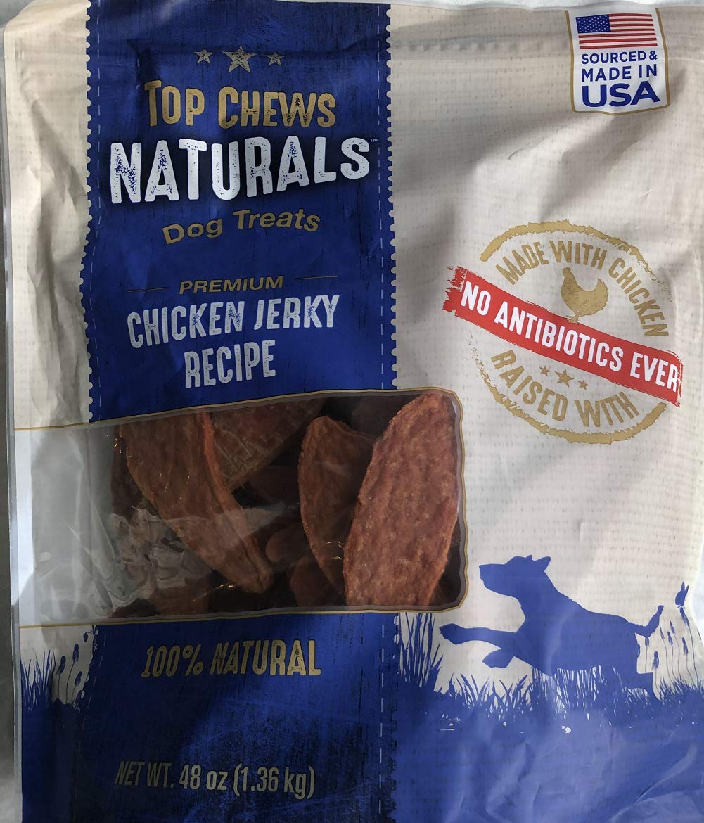 Top Chews chicken jerky packaging shows USA-made real chicken for a trusted reward.