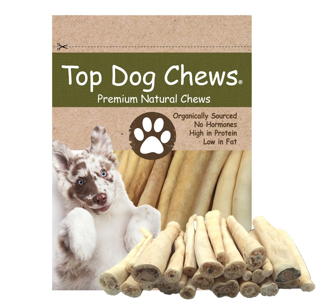 Top Dog Chews 6inch cow tail pack shows premium natural dog treats.