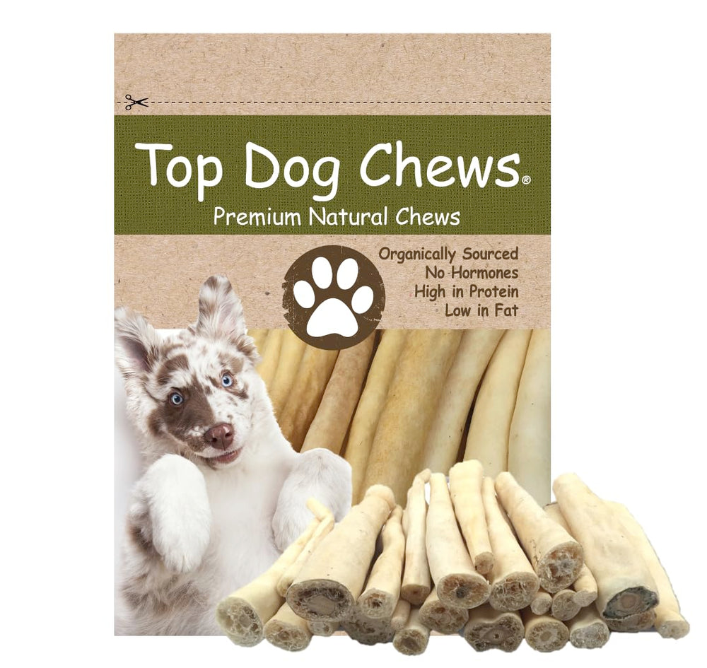 Top Dog Chews 6inch cow tail pack shows premium natural dog treats.