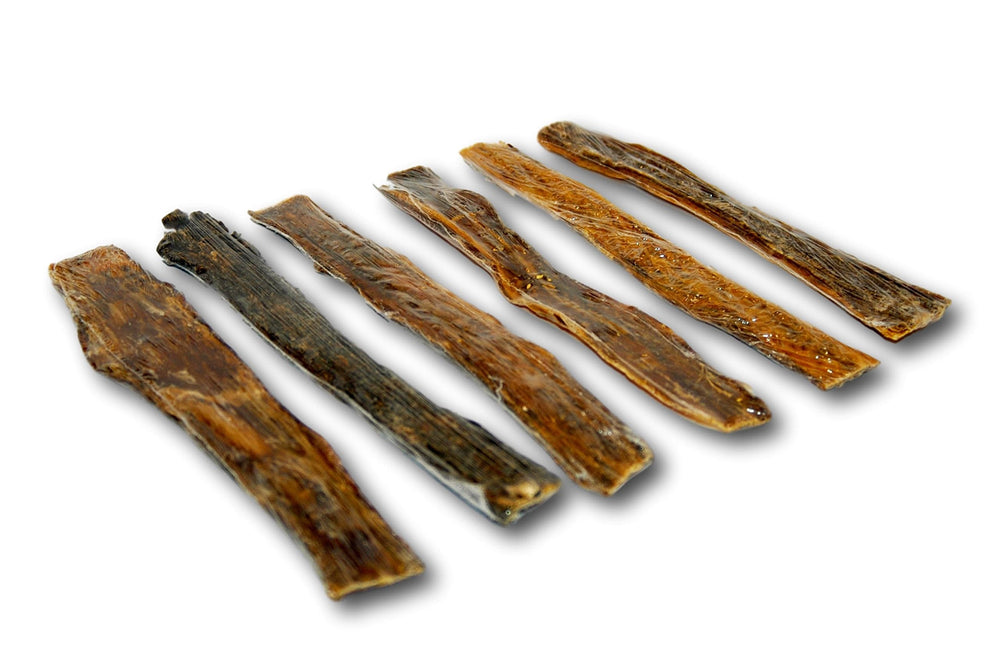 Top Dog Chews beef esophagus jerky dental health closeup potential plaque reduction through chewy action.