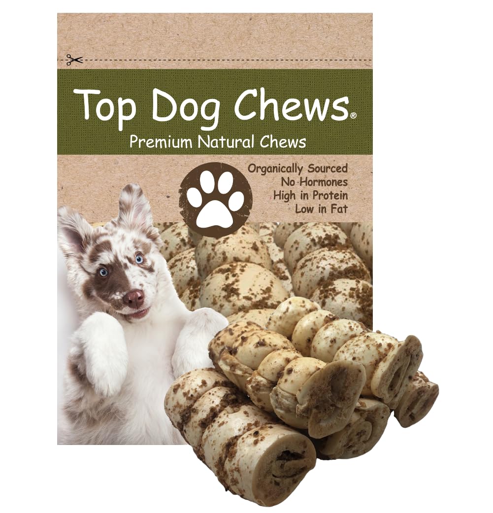 Top Dog Chews buffalo beef cheek rolls 5-pack shown for long-lasting chewing.