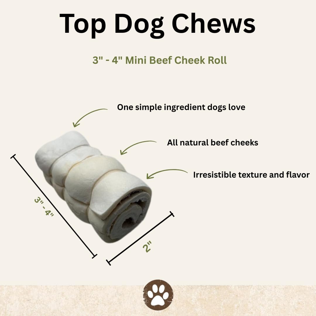 Top Dog Chews mini-cheek-rolls close-up texture shows natural beef