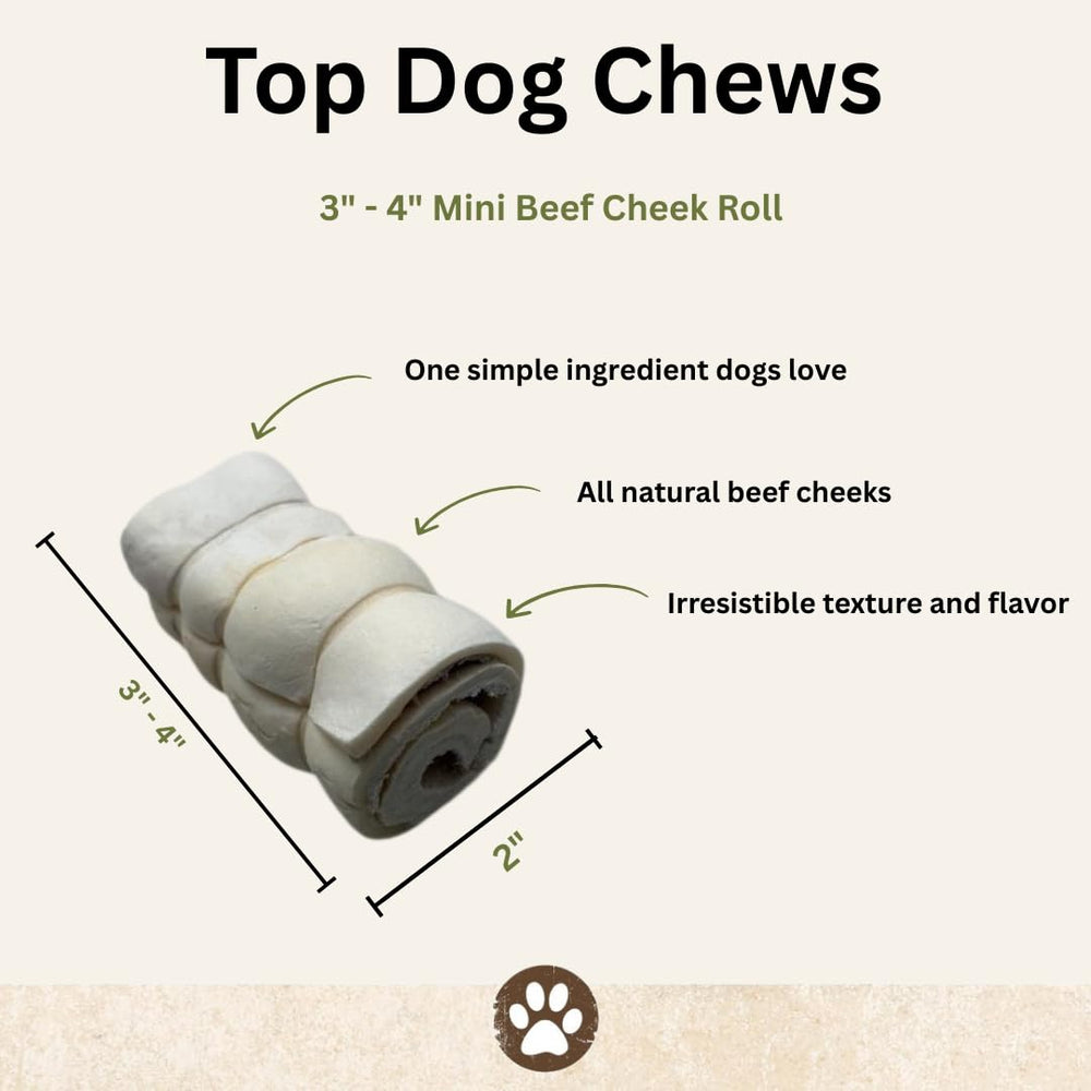 Top Dog Chews mini-cheek-rolls close-up texture shows natural beef