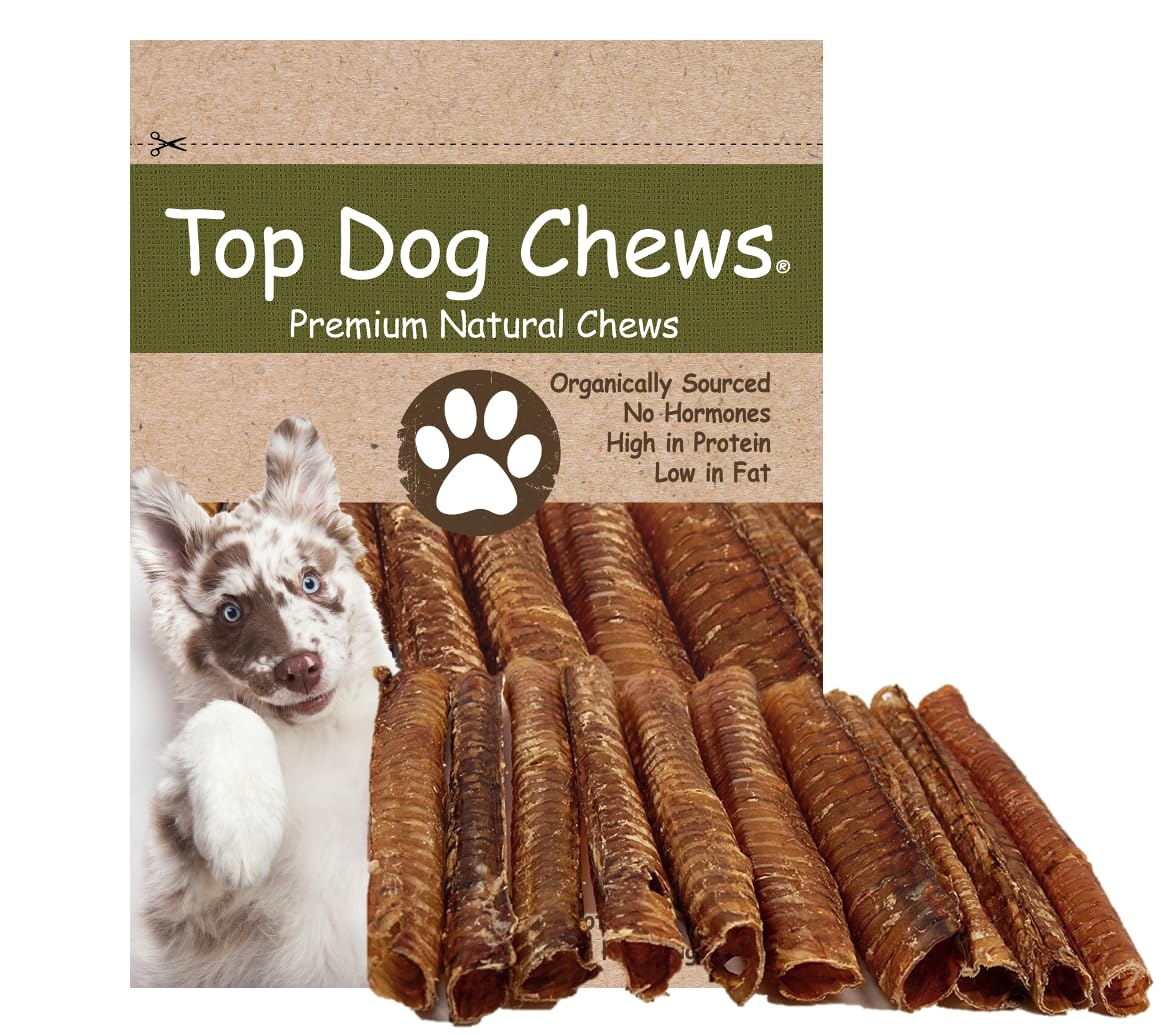 Top Dog Chews beef trachea 12in pack closeup highlighting natural dental care potential