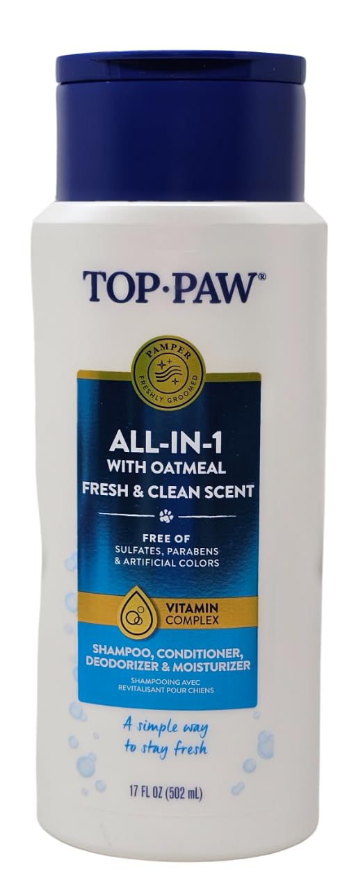 Top Paw All-in-1 oatmeal-shampoo-bottle: gentle cleansing with an easy-grip design.