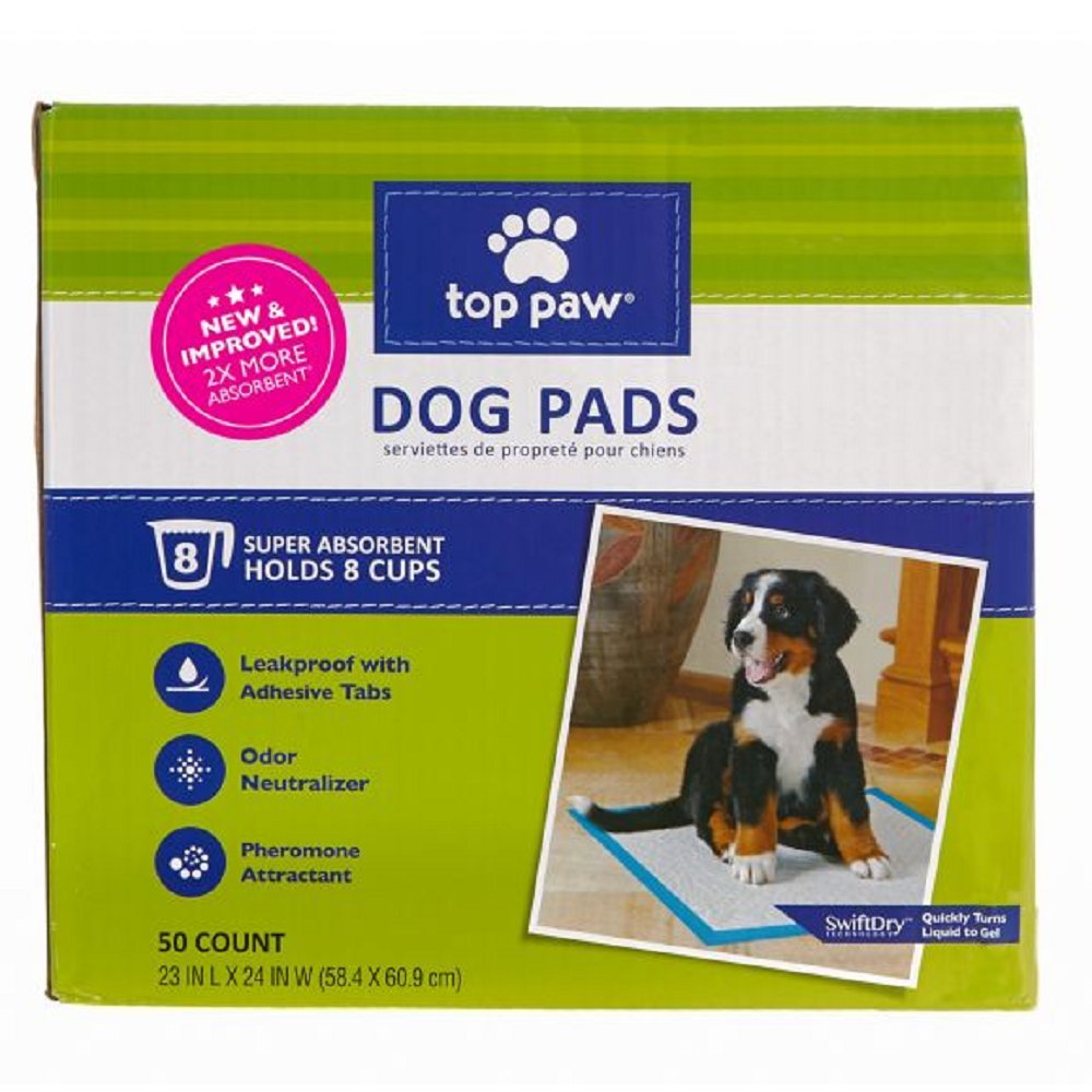 Top Paw Dog Pads 50-count packaging showcasing high absorbency for mess-free house training.