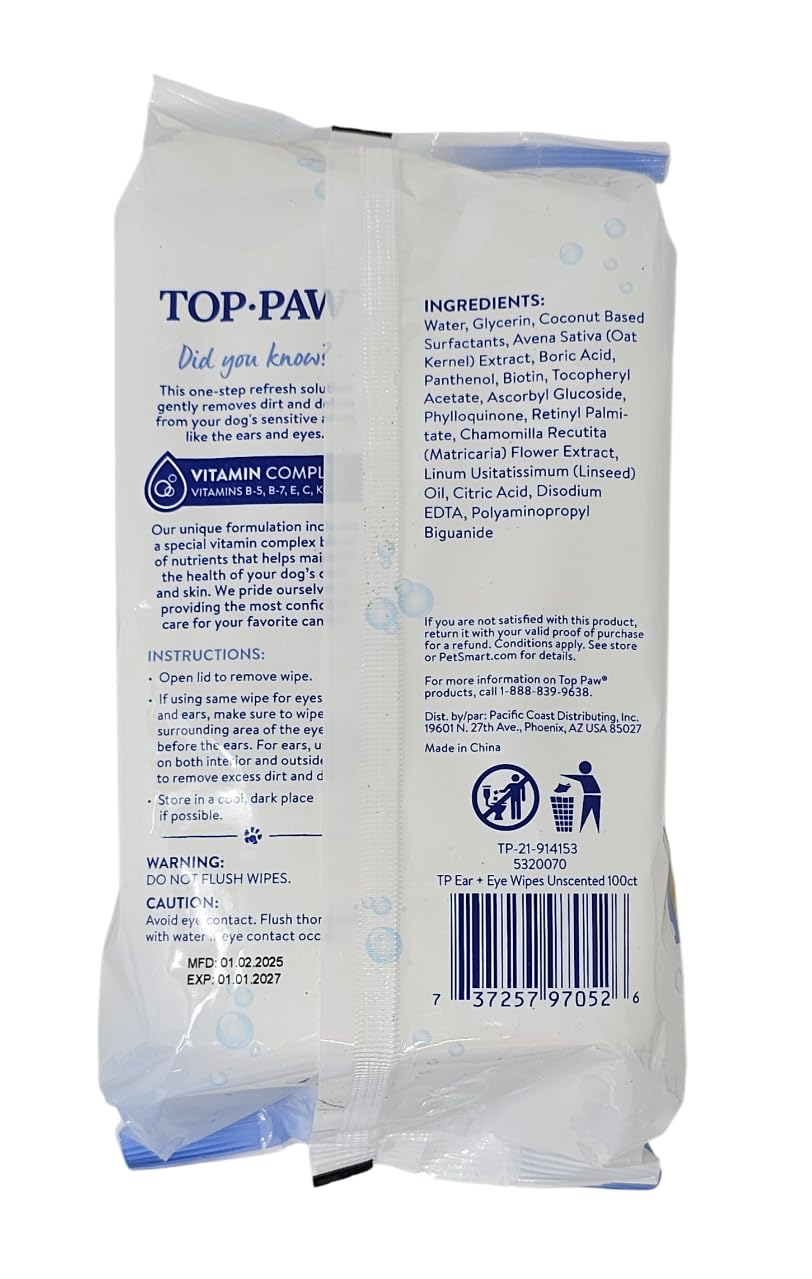 TOP PAW Ear and Eye Wipes with dispenser cap for easy, mess-free access.