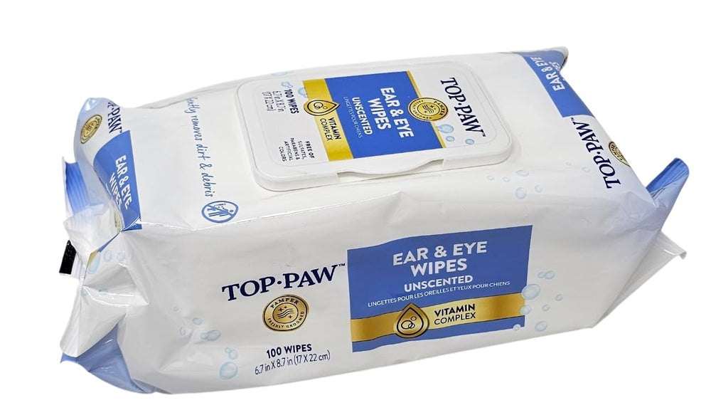 TOP PAW Ear and Eye Wipes close-up during ear-area cleaning for debris removal.