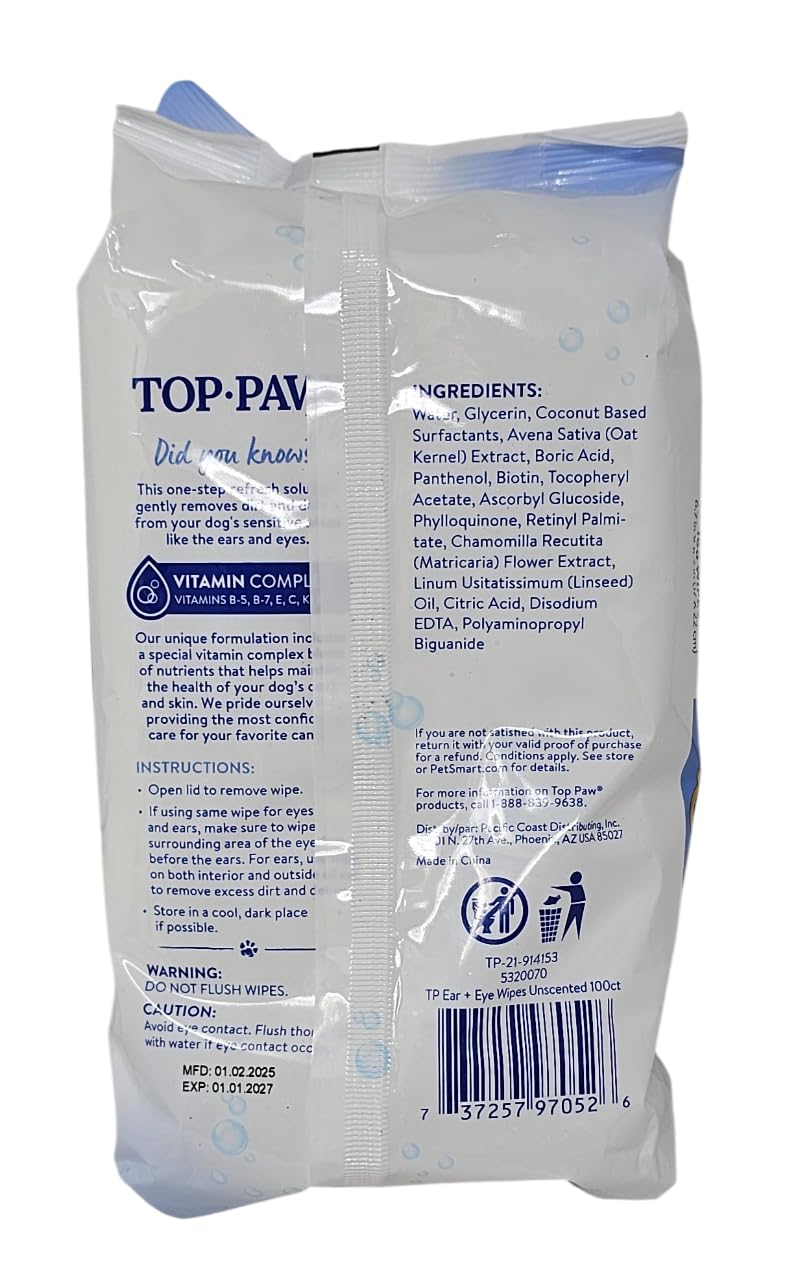 TOP PAW Ear and Eye Wipes eye-area cleanup close-up for safe cleansing.