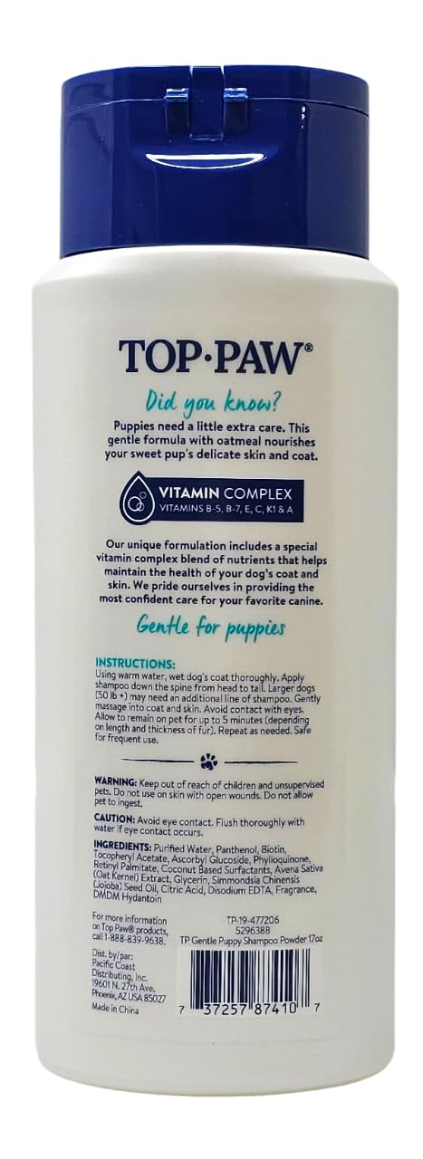 Top Paw Puppy Oatmeal Shampoo bottle with grooming setup for at-home baths.