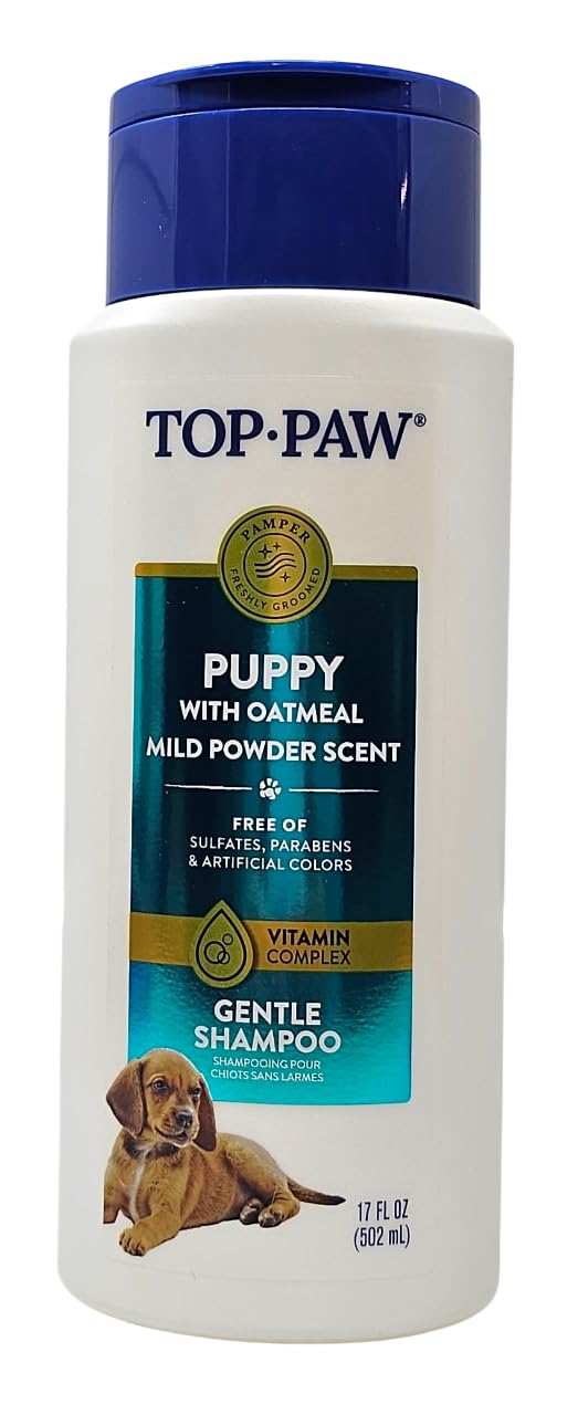 Top Paw Puppy Oatmeal Gentle Shampoo bottle front view for gentle cleansing.