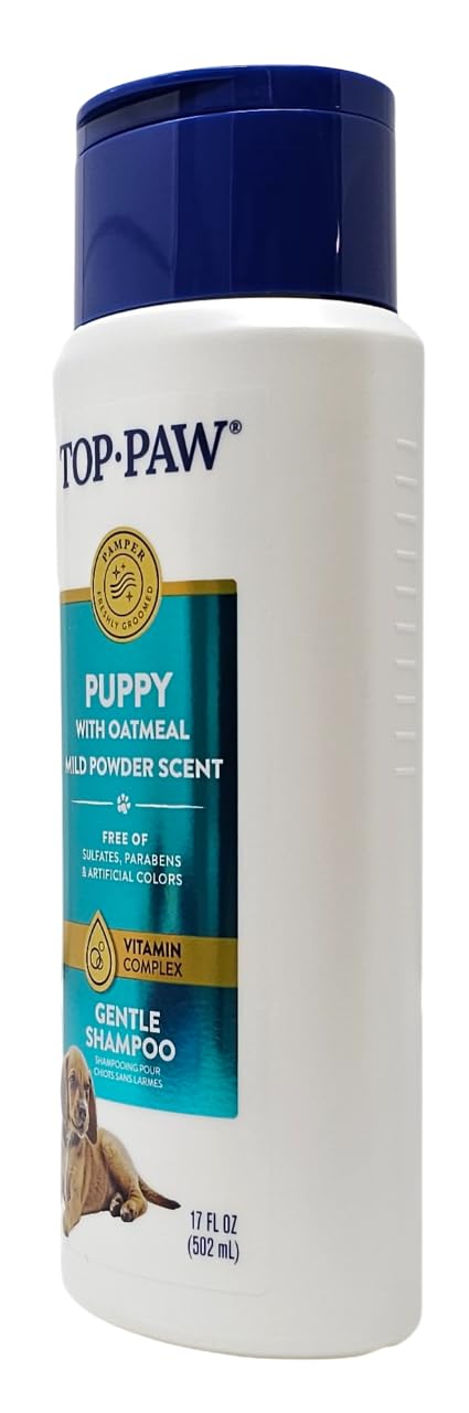 Top Paw Puppy Oatmeal Shampoo close-up showing oatmeal texture and soothing care.