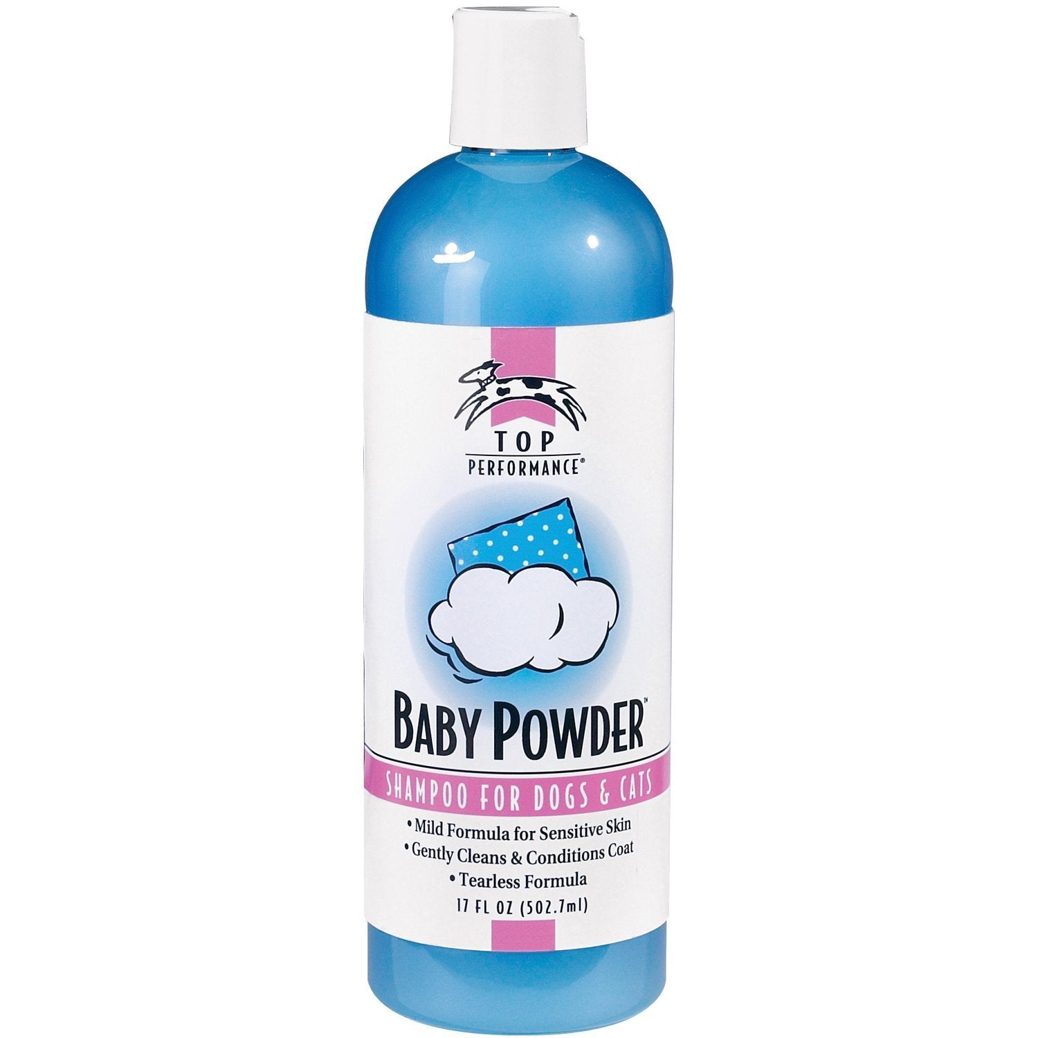 Top Performance Baby Powder Pet Shampoo bottle highlights gentle, skin-friendly cleansing for puppies and kittens.
