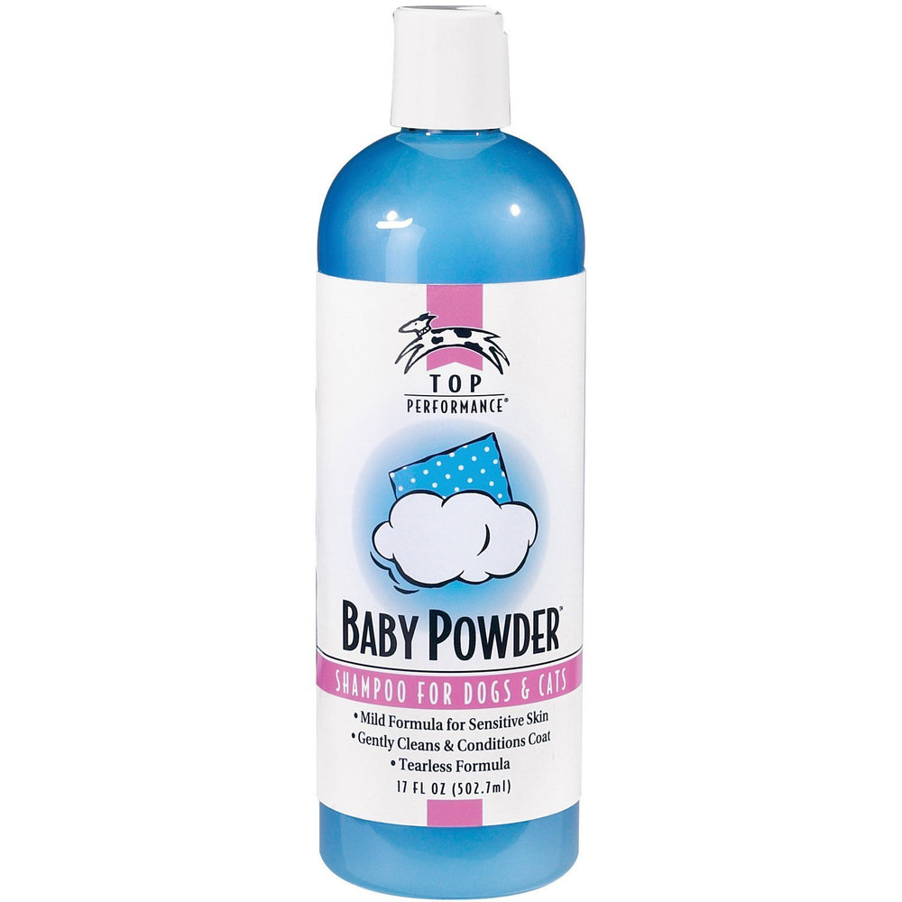 Top Performance Baby Powder Pet Shampoo bottle highlights gentle, skin-friendly cleansing for puppies and kittens.