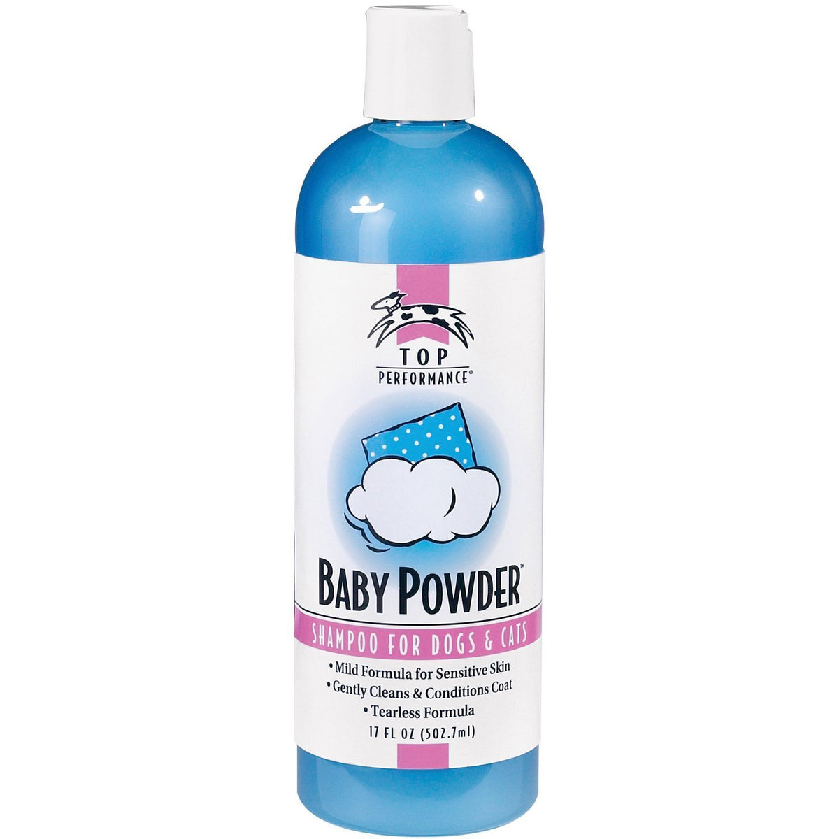 Top Performance Baby Powder Pet Shampoo bottle highlights gentle, skin-friendly cleansing for puppies and kittens.