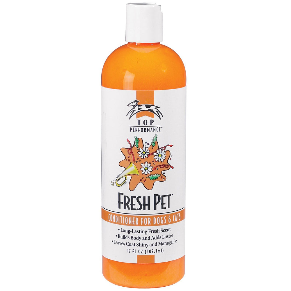 Top Performance Fresh Pet Conditioner bottle being poured for easy coat care