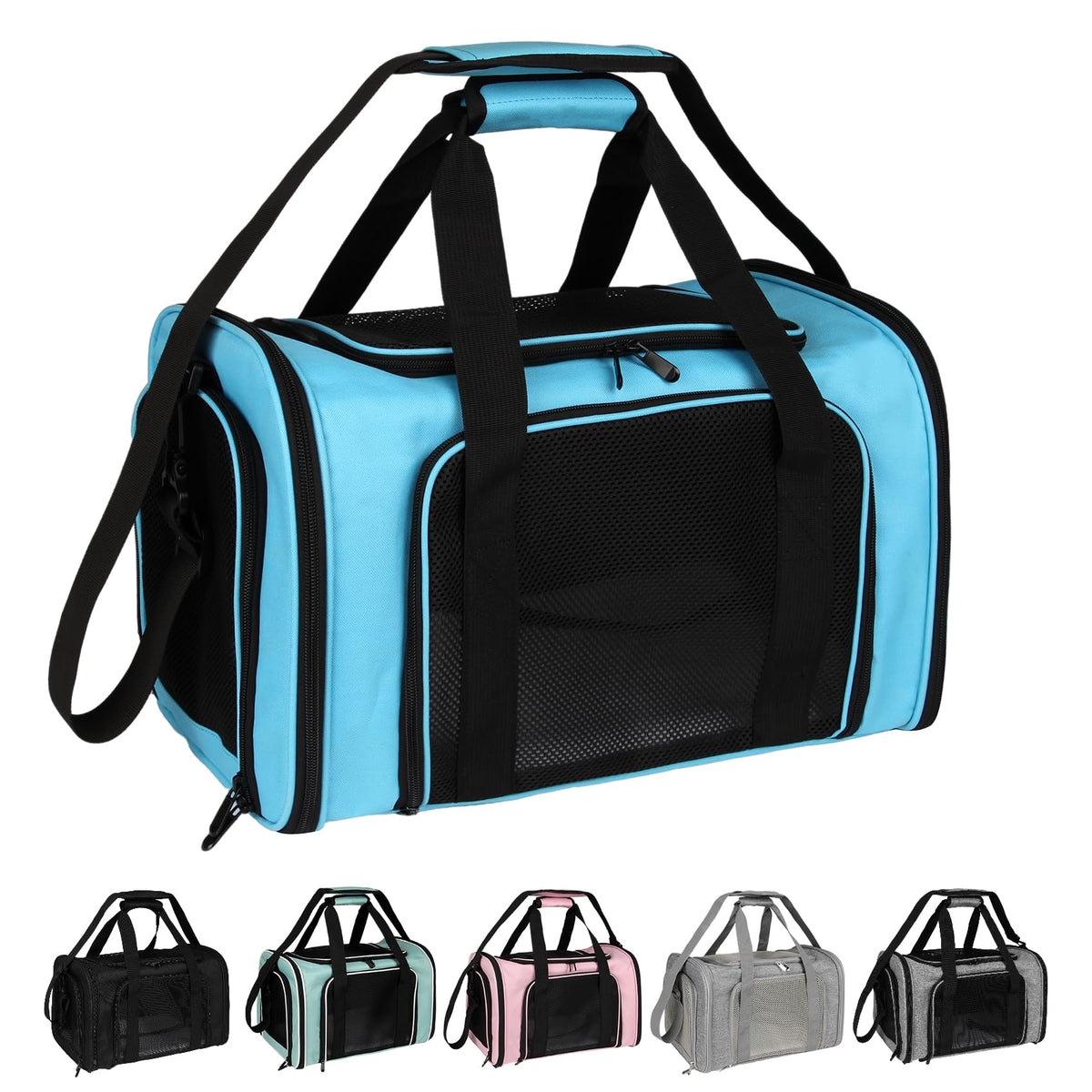 Top tasta dog cat carrier blue medium front view, airline-friendly travel ready.