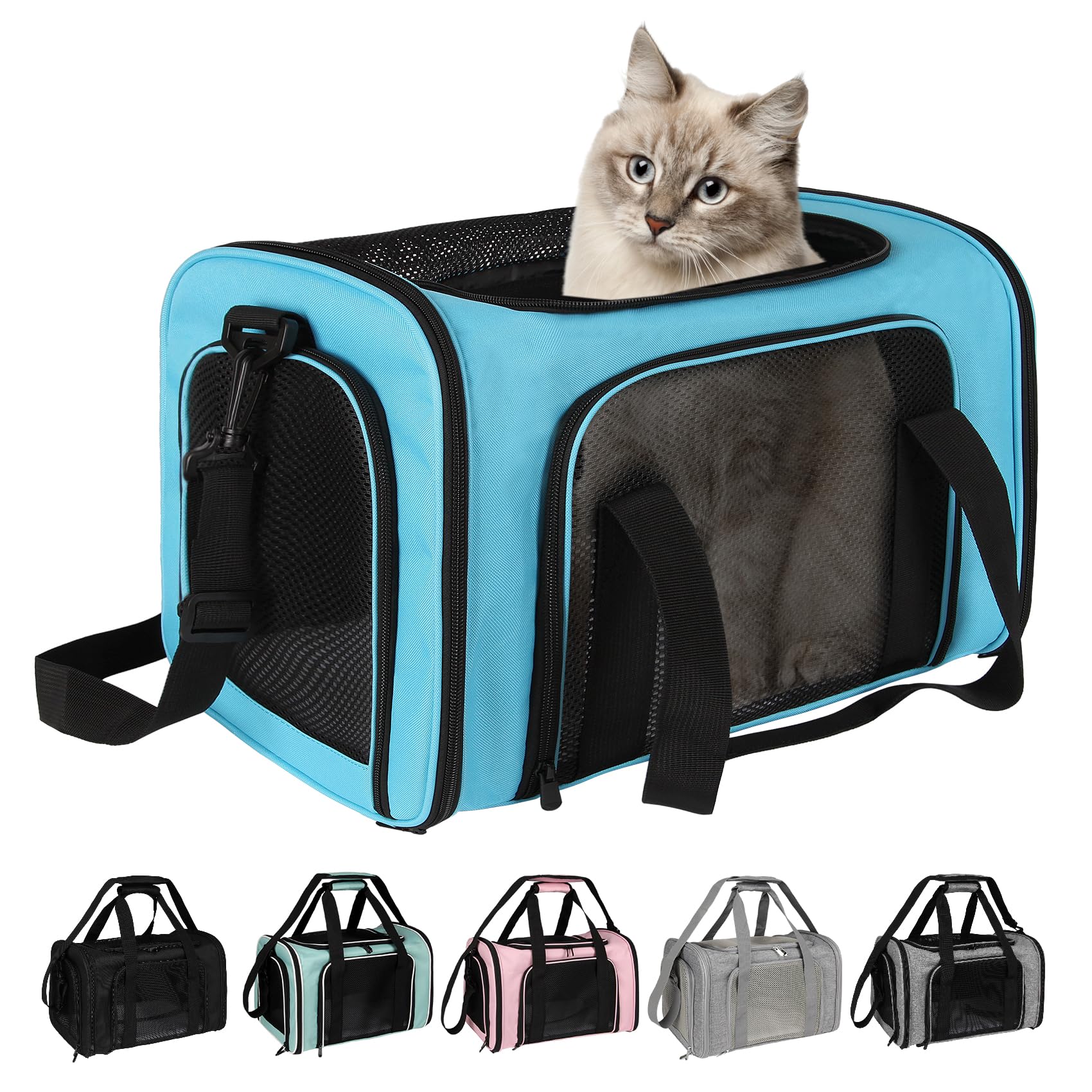 Top tasta dog cat carrier blue medium includes plush mat and optional ice pad.