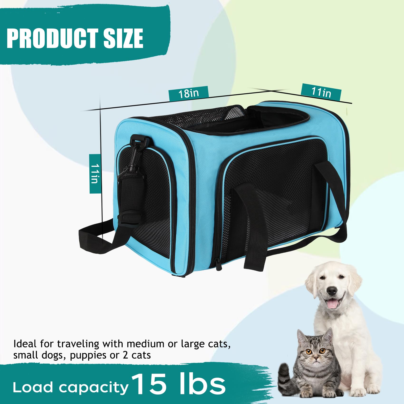 Top tasta dog cat carrier blue medium side view left, breathable mesh windows for airflow.