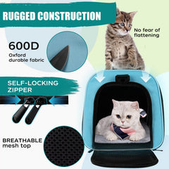 Top tasta dog cat carrier blue medium side view right, reinforced frame and scratch-resistant material.