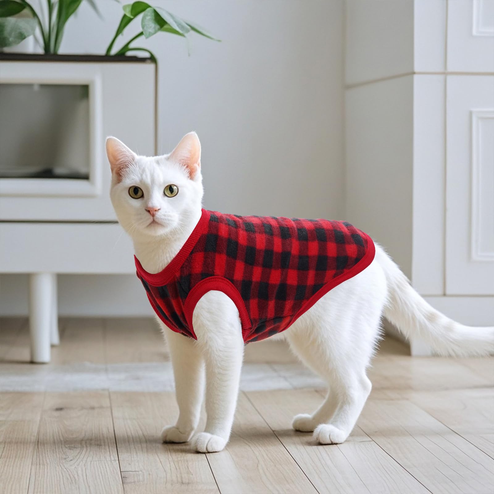 Topbuti dog fleece sweater plaid neck cuff hem highlighting elastic ribbing for easy on off