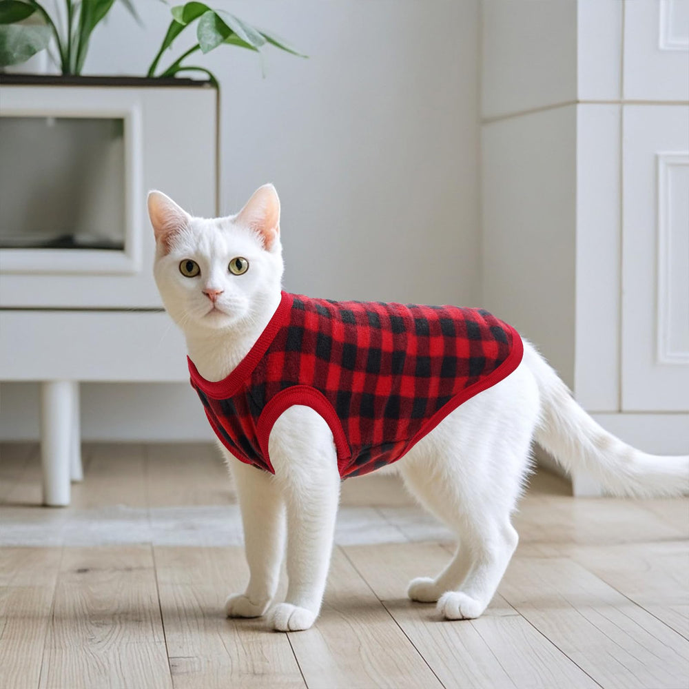 Topbuti dog fleece sweater plaid neck cuff hem highlighting elastic ribbing for easy on off