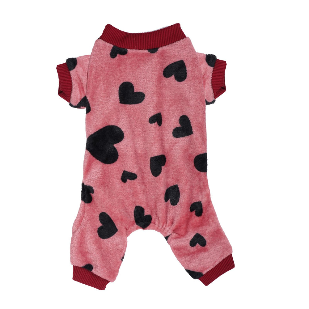 Topbuti Love Heart dog pajamas back view highlighting cozy red fleece warmth