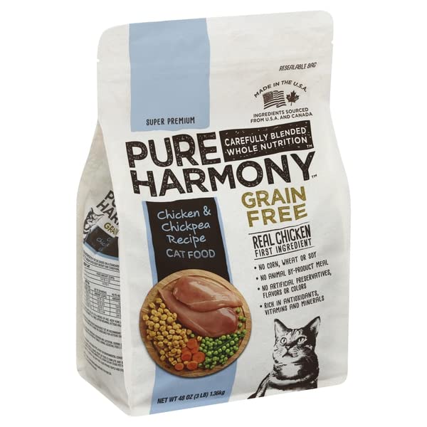 Topco Pure Harmony cat food bag—grain-free chicken and chickpea recipe for all life stages, sensitive diet support.