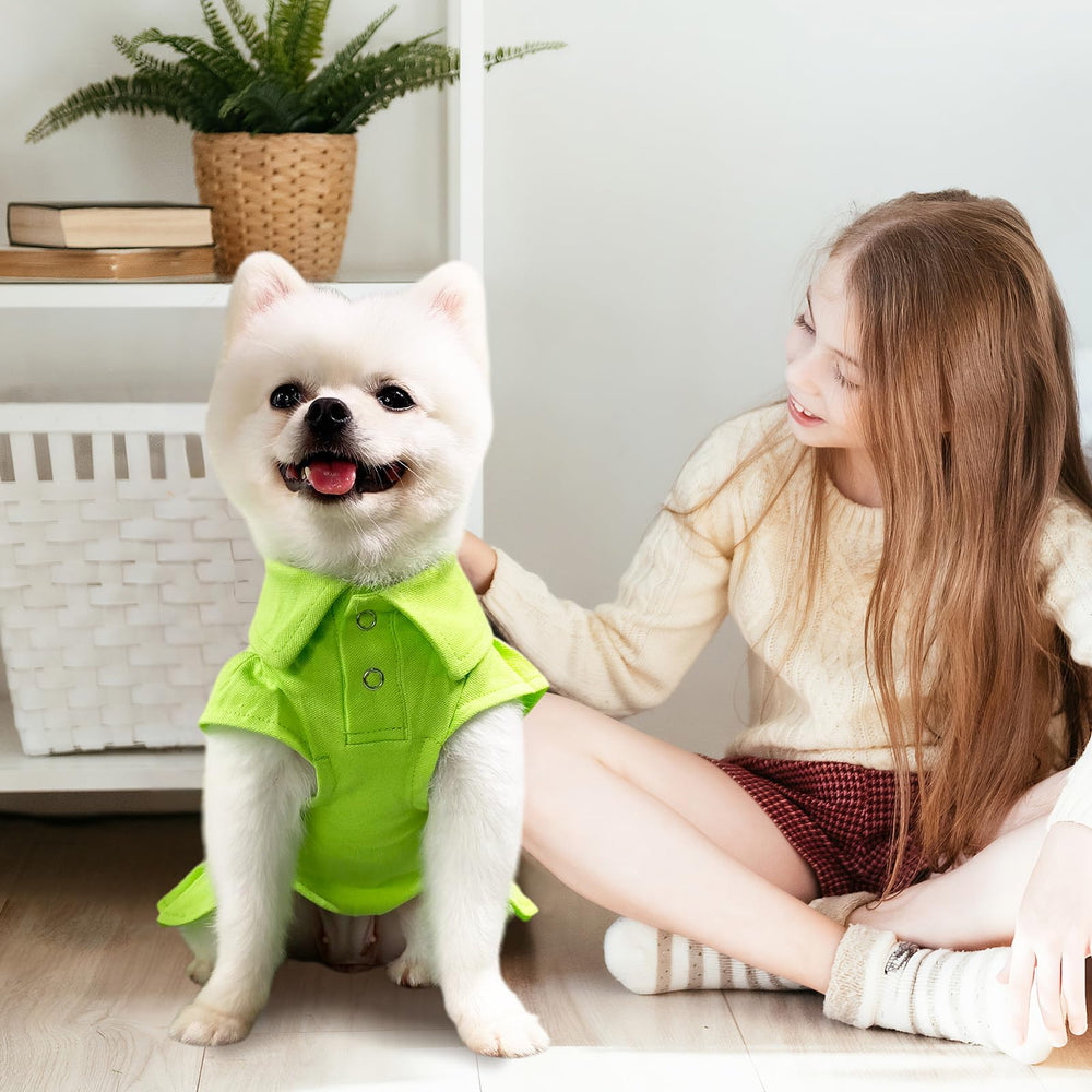Topkins dog dress in green with high belly cut for easy potty breaks.