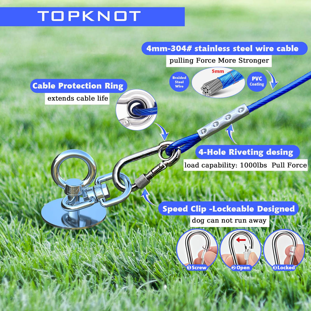 TOPKNOT rust-resistant hardware on 200lb-capable tie-out for large breeds