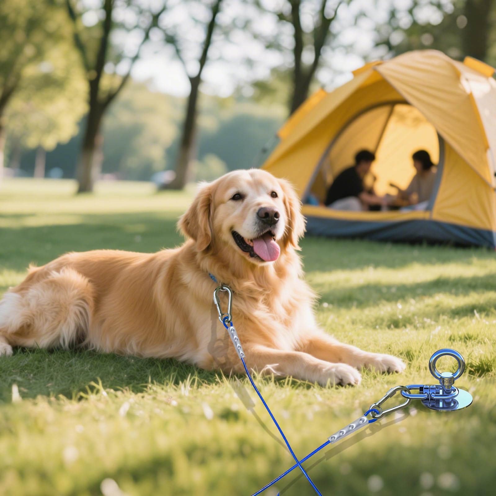 TOPKNOT yard installation image highlights screw-in anchor ease for outdoor camping.