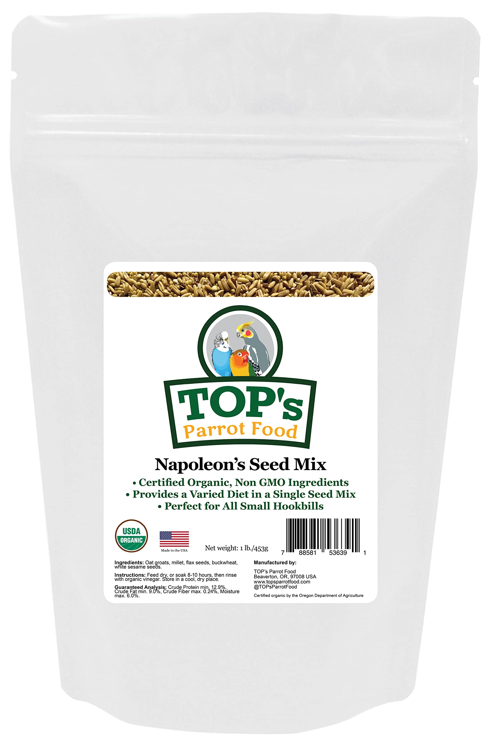 TOP's Napoleon's Seed Mix bottle shows organic parrot nutrition for small birds