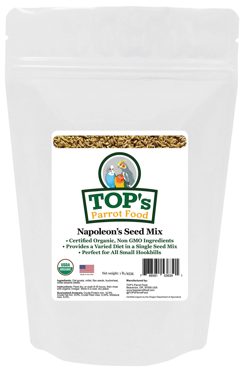 TOP's Napoleon's Seed Mix bottle shows organic parrot nutrition for small birds