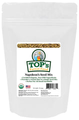 TOP's Napoleon's Seed Mix bottle shows organic parrot nutrition for small birds