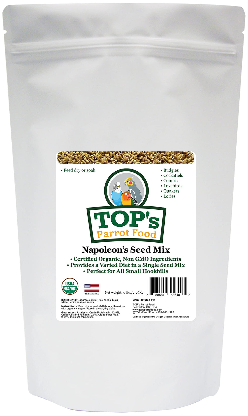 TOP's Napoleon's Seed Mix in a bowl for balanced nutrition in small hookbills